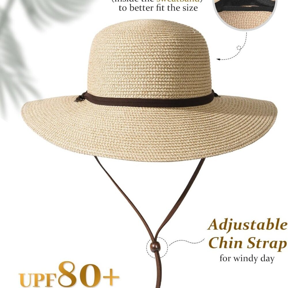 Womens Wide Brim Sun Hat with Wind Lanyard UPF Summer Straw Sun Hats for Women - Picture 2 of 7